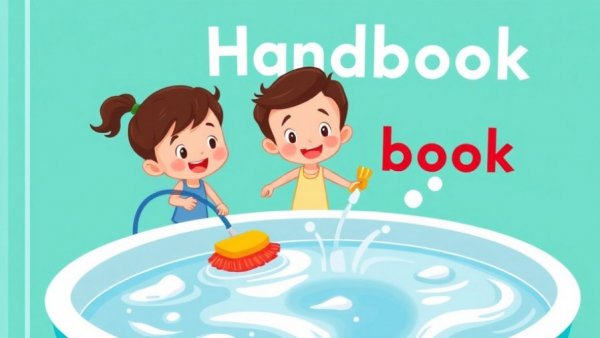 Hot tub cleaning illustrated handbook cover, playful style.