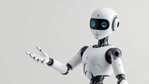 Futuristic AI assistant robot offering help in workplace.