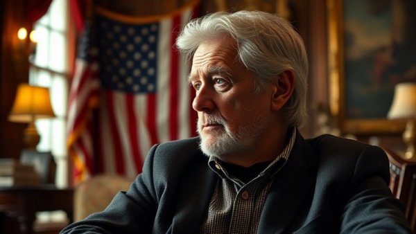 Thoughtful older man seated in an ornate room with an American flag background, reflecting on important matters.