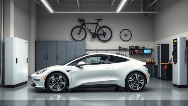 Modern garage with LFP battery, electric car, and charging station.