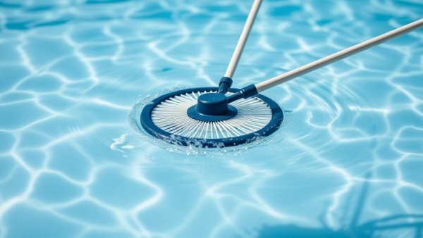 Pool cleaning net skimming water for summer preparation.