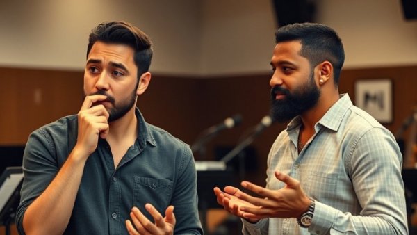 Guys and Dolls Stratford Festival 2026 rehearsal scene, two performers gesturing.