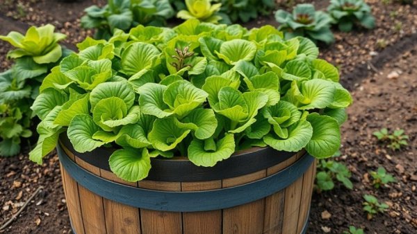 DIY Lettuce Planter in a rustic wooden barrel in garden