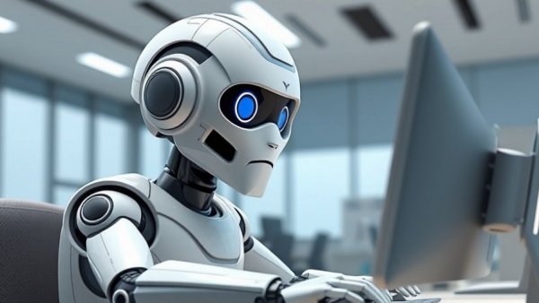 Futuristic robot working at a computer in a minimalist office, enterprise AI collaboration