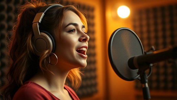 Kennedy Caughell singing passionately in a recording studio.