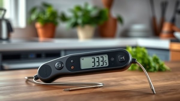 Sleek dual-probe cooking thermometer on table, displaying temperatures.