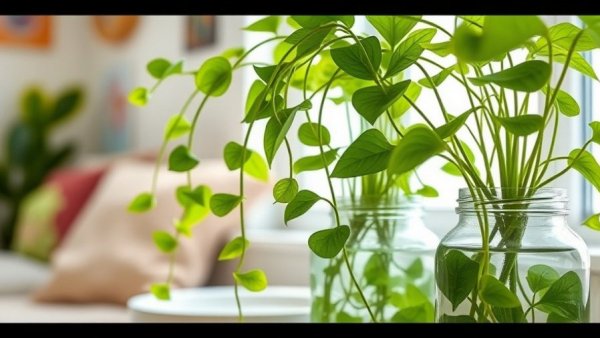 Easily Propagate Pothos Plants with vibrant green vines in glass jars.