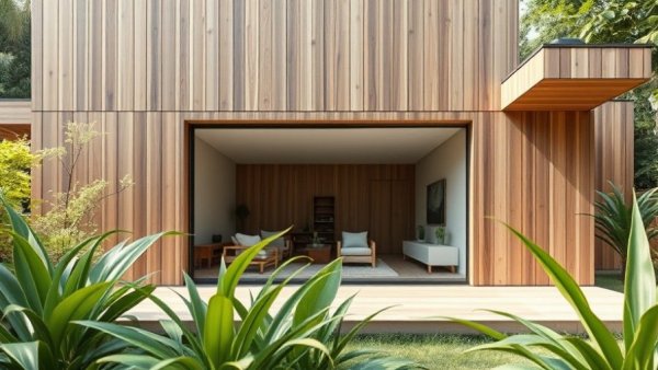 Modern minimalist home design with black wooden accents.