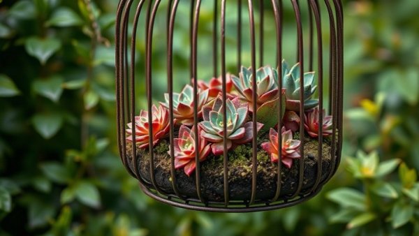 Birdcage succulent planter hanging in lush greenery.