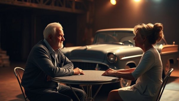 Older man and woman in dim lighting discussing at a metal table.