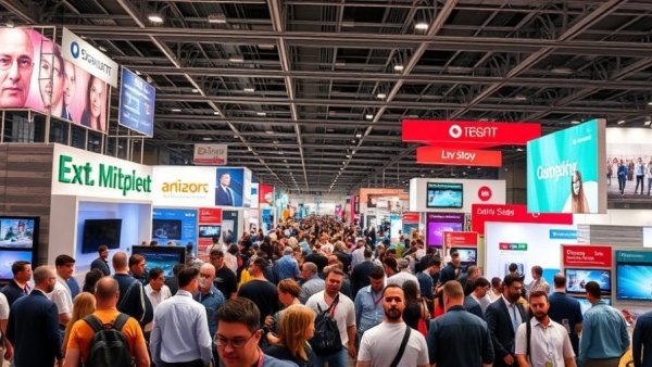 Engaged attendees at a tradeshow expo, exploring latest trends.