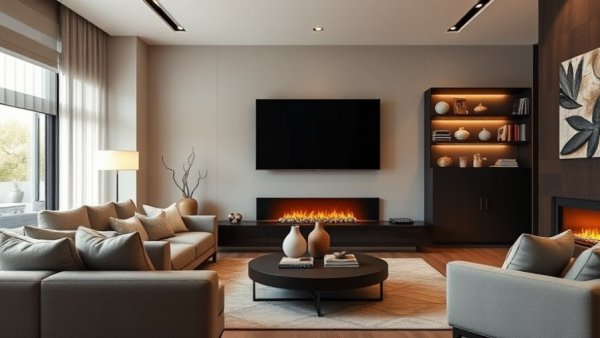 Modern living room with TV and custom inverted projector setup.