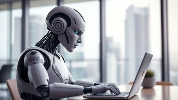 Futuristic robot utilizing tech in a business office.