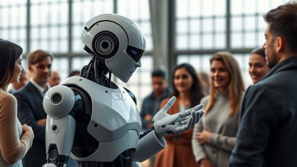 Sleek humanoid robot facing audience at a demo event.