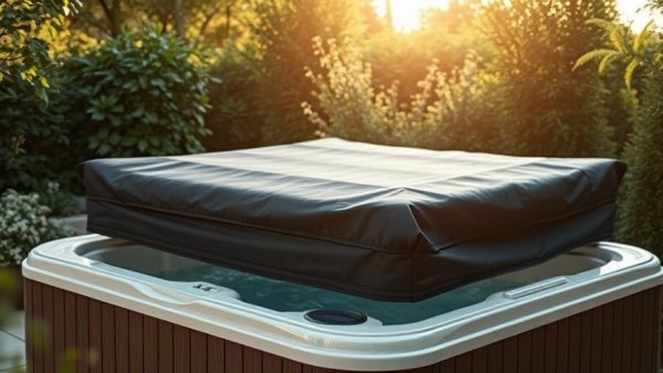 Durable AIRCAP hot tub cover on an outdoor hot tub in a garden.