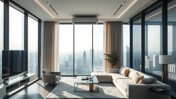 Modern living room with Bespoke AI WindFree Pro Air Conditioners and city view.
