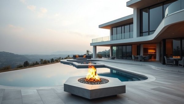 Modern luxury outdoor patio with pool emphasizing effective outdoor project management design.