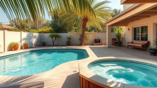 Serene backyard swimming pool with hot tub and palm tree shade.