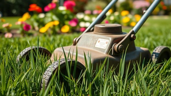 Manual lawn mower in a garden promoting No Mow May, sunlight on grass.