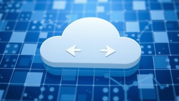 Abstract cloud icon with data arrows on digital blue background.