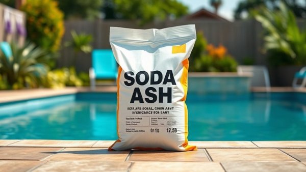 Soda ash for pool maintenance by a clear blue poolside.