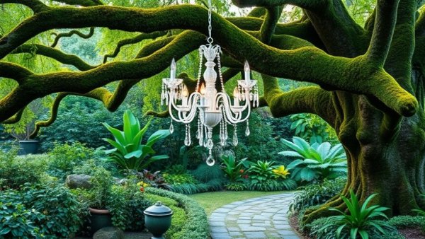 Elegant chandeliers in a vibrant outdoor garden setting.