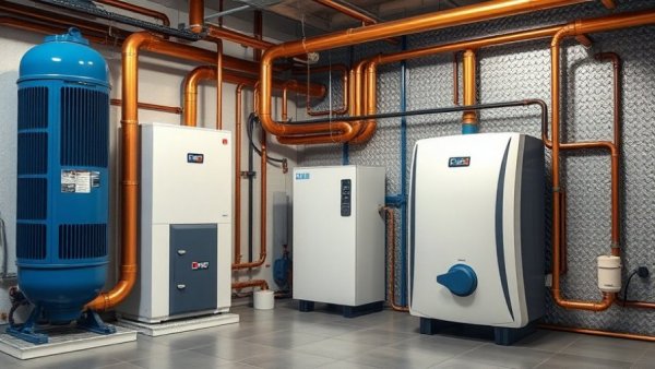 Modern heating system with air to water heat pumps and gas boiler.