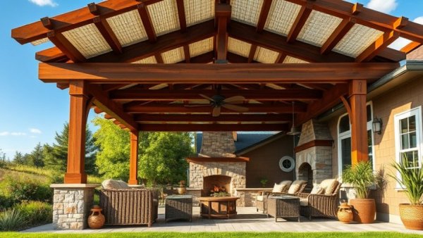 Elegant wooden patio covers for DFW outdoor living, featuring seating and grill.