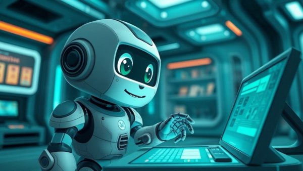 Playful animated robot with digital interface in a futuristic setting.