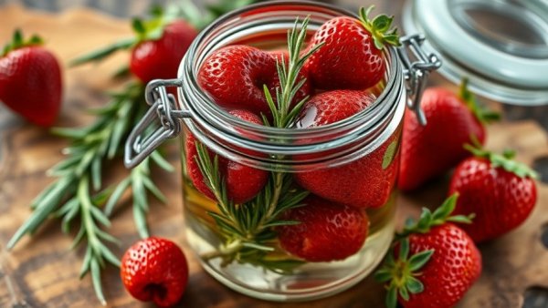 Infused strawberry vinegar recipe in glass jar with rosemary.