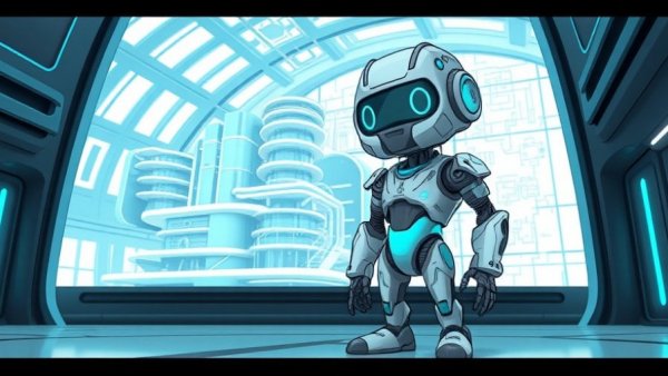 Futuristic cartoon robot with modern architectural plan in turquoise and gray, Apple AI home plans 2026