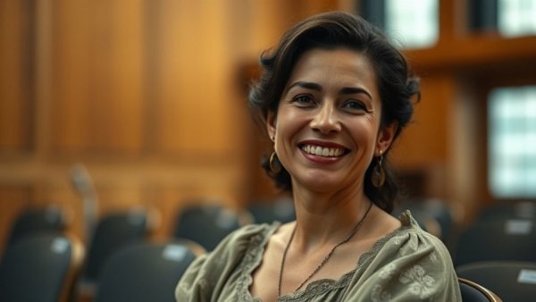 Desdemona in Othello rehearsal, smiling woman discussing role.