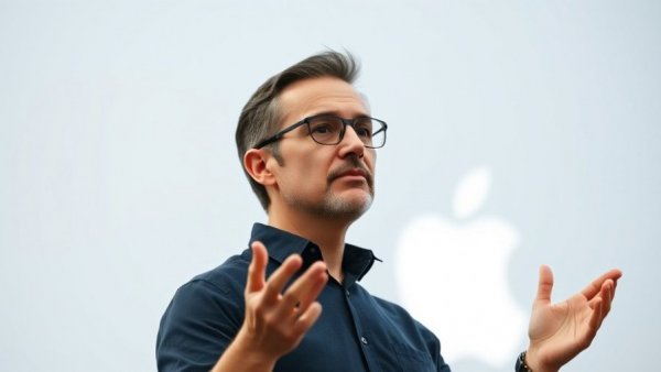Tech executive presenting with Apple logo in the background.