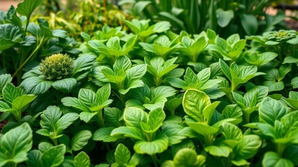 Vibrant outdoor garden with succession planting showing various greens