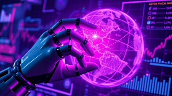 AI visibility platform depicted with robotic hand touching digital globe.