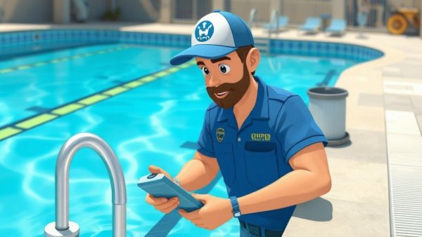 Certified pool operator cartoon at poolside.