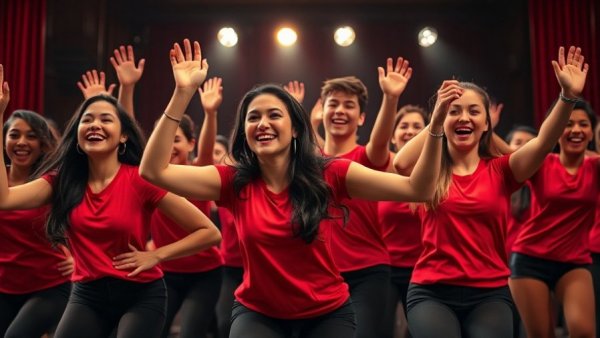 Broadway Reviews: Energetic group performing with dynamic choreography on stage.
