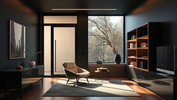 Modern home office lighting design with glass door and sleek decor.