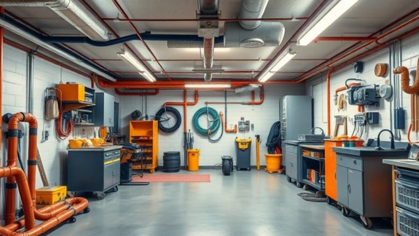 Basement with copper drain water heat recovery system.