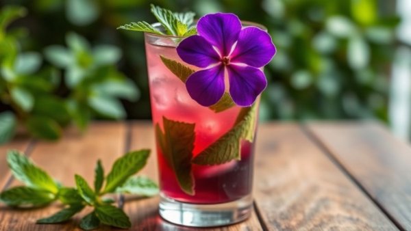 Garden-inspired mocktail with floral garnish on wooden table.