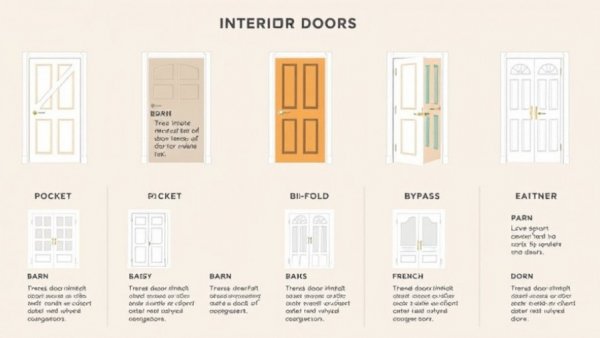 Infographic of 2026 interior door options, featuring barn, pocket, bi-fold, bypass, and French doors.
