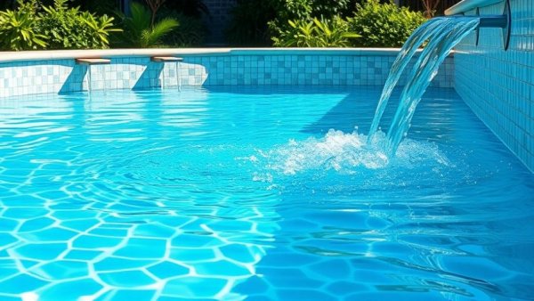 Clean swimming pool with water features, spring cleaning your backyard