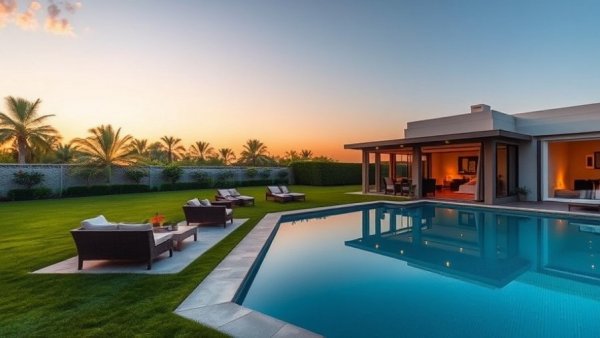 Luxurious poolside spa retreat with elegant seating at sunset.