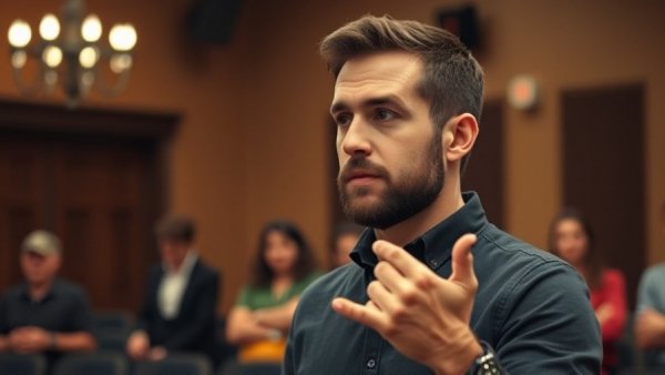 Man expressing Iago's manipulation techniques during rehearsal.