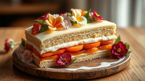 Delicate dessert with sugared flowers and white chocolate.