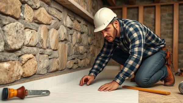 Worker demonstrating benefits of basement encapsulation with materials.