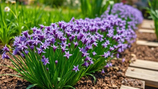 Vibrant outdoor herb garden with purple chives in bloom.
