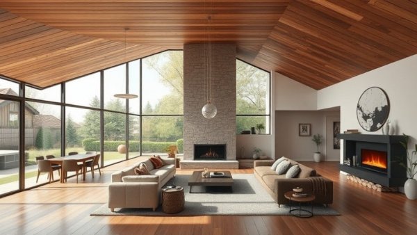 Contemporary living room in a square courtyard home with wooden ceiling.