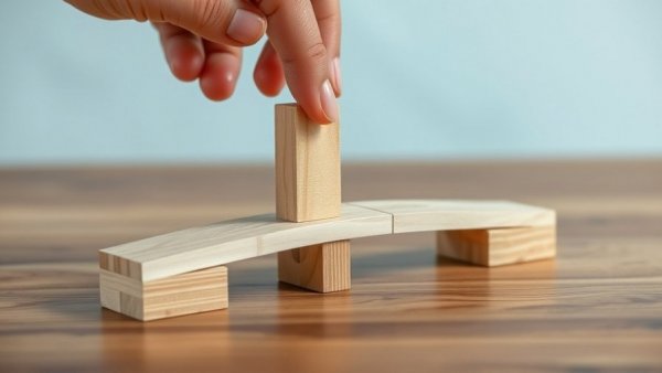 Close-up of hand building wooden block bridge, Design & Build Outreach Program theme.