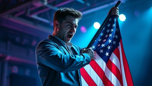 Kenrex Off-Broadway Reviews: Man holding American flag on stage.